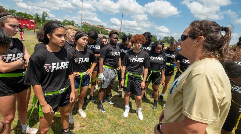 The Atlanta Falcons and NFL are funding girls’ flag football in Bibb County after holding a clinic on April 23 at Southwest High School. (Courtesy of Ken Krakow)