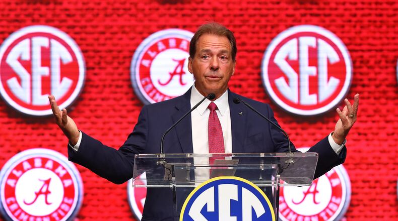Alabama head football coach Nick Saban speaks at SEC Media Days in the College Football Hall of Fame on Tuesday, July 19, 2022, in Atlanta.   “Curtis Compton / Curtis Compton@ajc.com”
