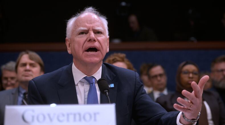 Gov. Tim Walz, D-Minn., speaks during a House Committee on Oversight and Government Reform hearing on oversight of fraud and misuse of Federal funds in Minnesota, Wed., March 4, 2026, on Capitol Hill in Washington. (AP Photo/Rod Lamkey, Jr.)