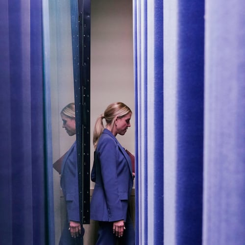FILE - Attorney General Pam Bondi leaving after the end of President Donald Trump's remarks to reporters in the James Brady Press Briefing Room at the White House, Feb. 20, 2026, in Washington. (AP Photo/Alex Brandon, File)