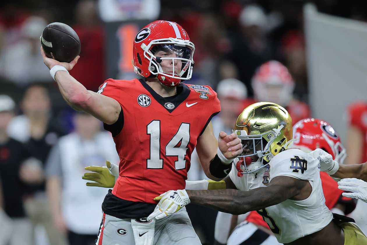 Georgia quarterback Gunner Stockton (14) throws a pass during the fourth quarter against Notre Dame during the 91st Allstate Sugar Bowl at Caesars Superdome on Thursday, Jan. 2, 2025, in New Orleans. (Jonathan Bachman/Getty Images/TNS)