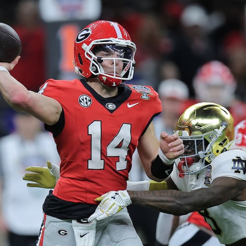 Georgia quarterback Gunner Stockton (14) throws a pass during the fourth quarter against Notre Dame during the 91st Allstate Sugar Bowl at Caesars Superdome on Thursday, Jan. 2, 2025, in New Orleans. (Jonathan Bachman/Getty Images/TNS)