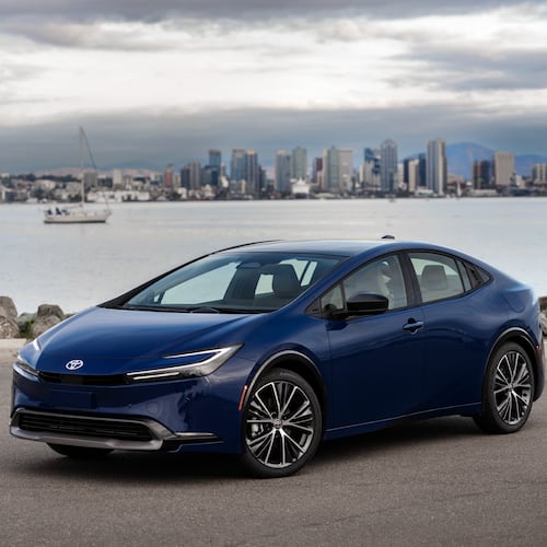 This photo provided by Toyota shows the 2023 Prius, whose redesign that year brought headturning looks and improved performance to accompany its longstanding fuel efficiency. (Courtesy of Toyota Motor Sales U.S.A. via AP)