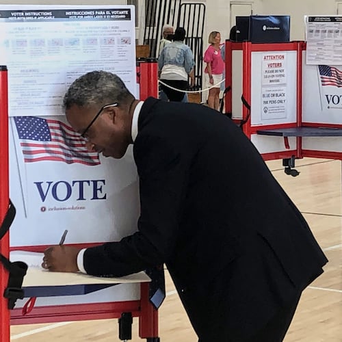District of Columbia mayoral candidate Kenyan McDuffie fills out his ranked choice ballot during the D.C. primary election, Tuesday, June 16, 2026 in Washington. (AP Photo/Gary Fields)
