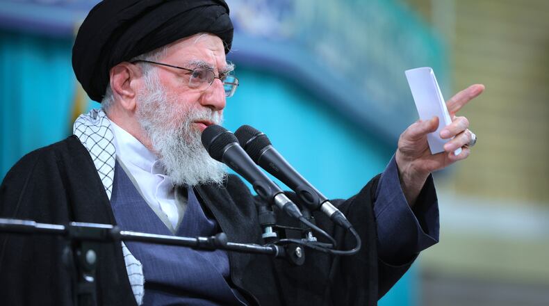 In this photo released by an official website of the office of the Iranian supreme leader, Supreme Leader Ayatollah Ali Khamenei speaks in a meeting, in Tehran, Iran, Saturday, Jan. 17, 2026. (Office of the Iranian Supreme Leader via AP)