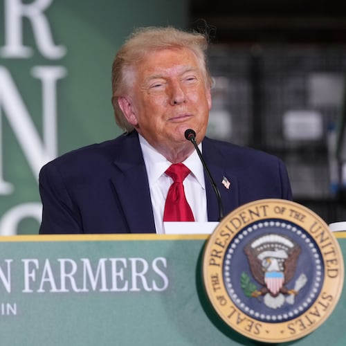 President Donald Trump speaks at Custer Farms in Chippewa Falls, Wis., Friday, June 5, 2026. (AP Photo/Mark Schiefelbein)