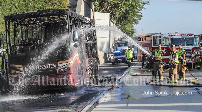 No passengers were on the bus when it caught on fire and the driver made it out of the vehicle safely.