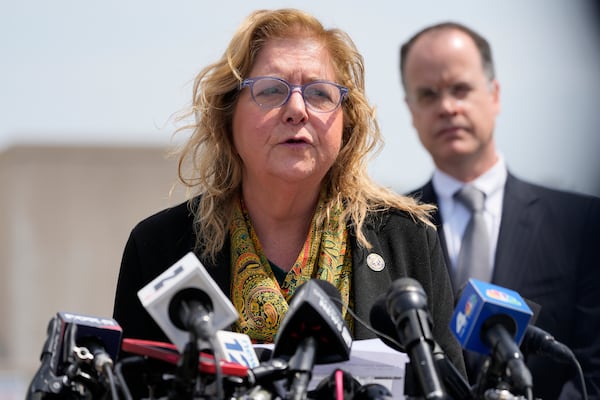 Nassau County District Attorney Anne Donnelly speaks during a news conference after former U.S. Rep. George Santos was sentenced to more than seven years in prison for fraud and identity theft, Friday, April 25, 2025, in Central Islip, N.Y. (AP Photo/Julia Demaree Nikhinson)