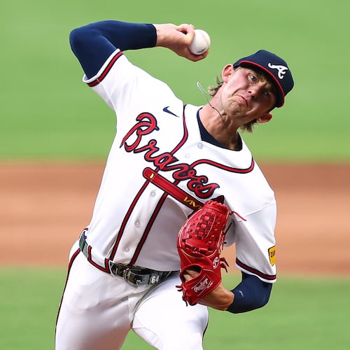FILE - Atlanta Braves pitcher Hurston Waldrep delivers in the first inning of a baseball game against the St. Louis Cardinals, July 2, 2026, in Atlanta. (AP Photo/Colin Hubbard, File)