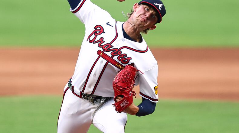 FILE - Atlanta Braves pitcher Hurston Waldrep delivers in the first inning of a baseball game against the St. Louis Cardinals, July 2, 2026, in Atlanta. (AP Photo/Colin Hubbard, File)