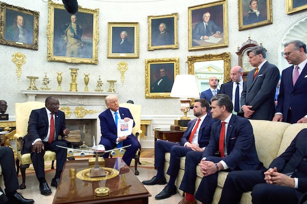 President Donald Trump meets South Africa's President Cyril Ramaphosa in the Oval Office of the White House, Wednesday, May 21, 2025, in Washington. (AP Photo/Evan Vucci)