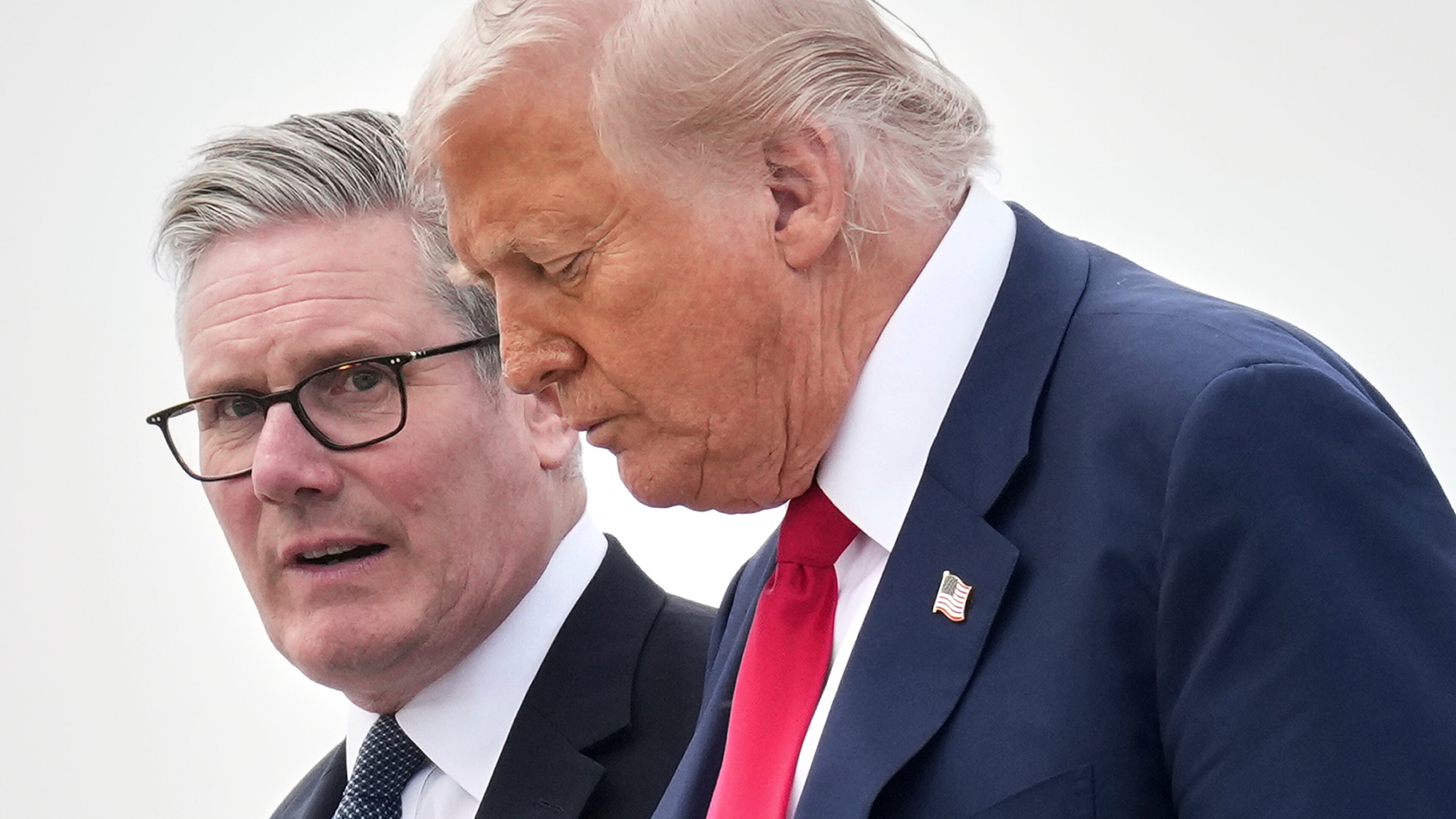 FILE - President Donald Trump and Britain's Prime Minister Keir Starmer exit Air Force One as they arrive at Royal Air Force Lossiemouth en route to Aberdeen, Scotland Monday, July 28, 2025. (AP Photo/Jacquelyn Martin, File)