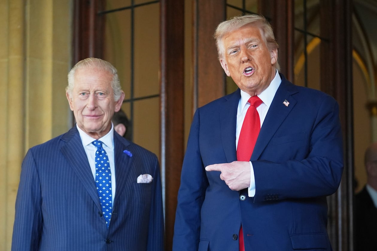 President Donald Trump gestures next to Britain's King Charles III before leaving Windsor Castle, Windsor, England, Sept. 18, 2025. (Evan Vucci/AP file)