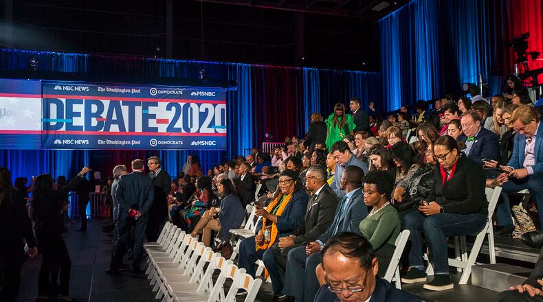 11/20/2019 -- Atlanta, Georgia -- People gather inside the Oprah Winfrey Soundstage before the start of the MSNBC/The Washington Post Democratic Presidential debate at Tyler Perry Studios, Wednesday, November 20, 2019. (Alyssa Pointer/Atlanta Journal Constitution)