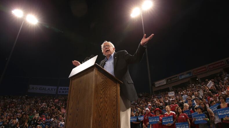 Bernie Sanders speaks during a campaign event in Carson, Calif., on Tuesday. If Democrats used GOP rules, the contest would be over and Sanders could just go home. (Monica Almeida / The New York Times)