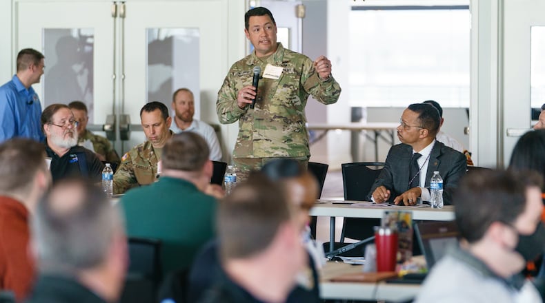 Rob Lawrence, of the Georgia National Guard, introduces himself at a tabletop exercise simulating the aftermath of a nuclear detonation, at Georgia State University Parc Stadium on Thursday, March 10, 2022, in Atlanta. (Elijah Nouvelage for The Atlanta Journal-Constitution)