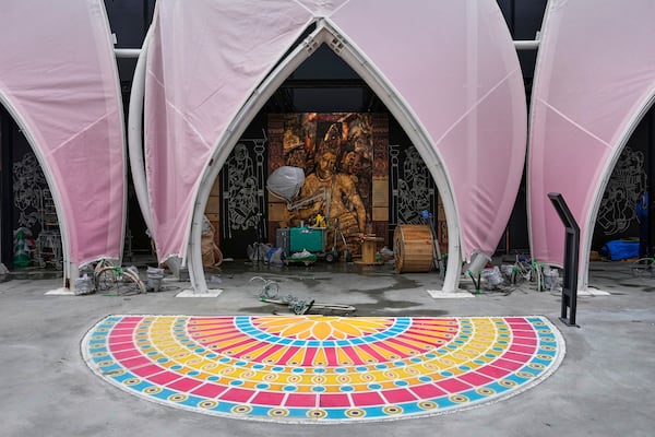 India's pavilion is seen incomplete to open for the opening day of the Expo 2025 in Osaka, central Japan, Sunday, April 13, 2025. (AP Photo/Hiro Komae)