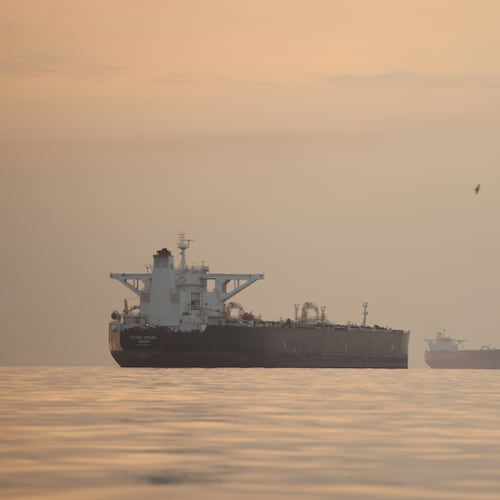 Tankers anchored in the Strait of Hormuz off the coast of Qeshm Island, Iran, Saturday, April 18, 2026. (AP Photo/Asghar Besharati)