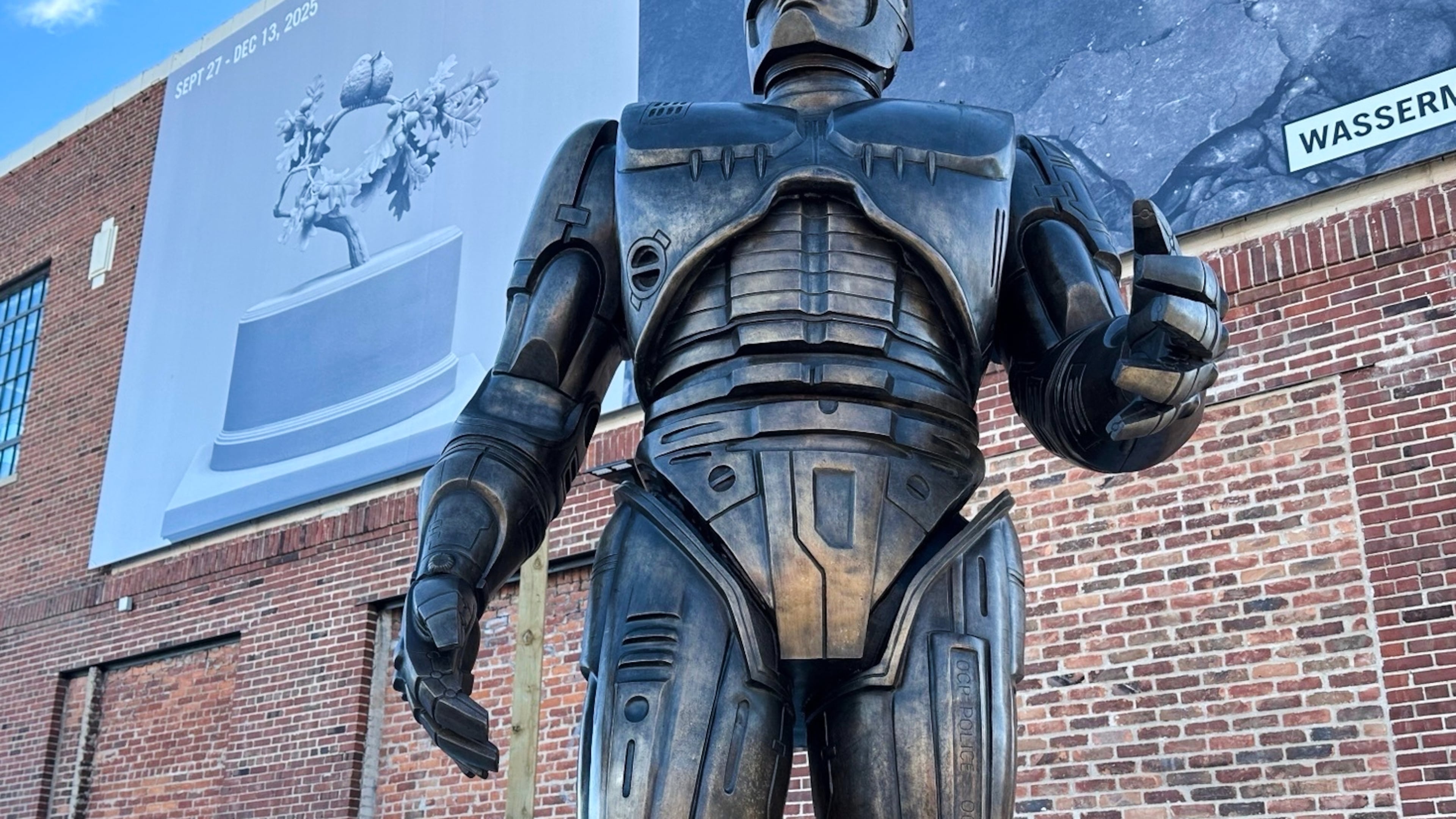 A statue of RoboCop stands outside a business in Detroit's Eastern Market area, Thursday, Dec. 4, 2025. (AP Photo/Mike Householder)