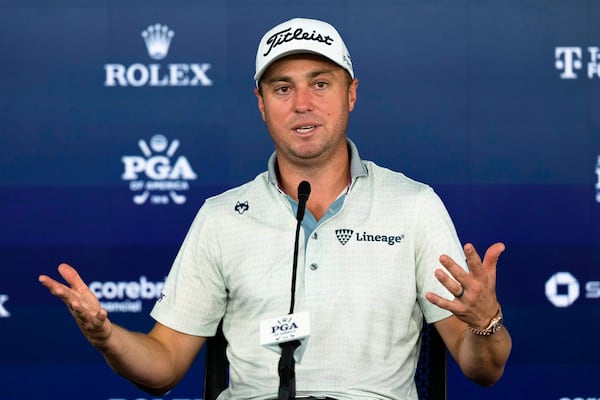 Justin Thomas speaks during a news conference at the PGA Championship golf tournament at the Quail Hollow Club, Tuesday, May 13, 2025, in Charlotte, N.C. (AP Photo/Matt York)