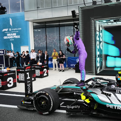 Mercedes driver Kimi Antonelli of Italy celebrates after winning the Miami Formula One Grand Prix auto race, Sunday, May 3, 2026, in Miami Gardens, Fla. (AP Photo/Rebecca Blackwell)