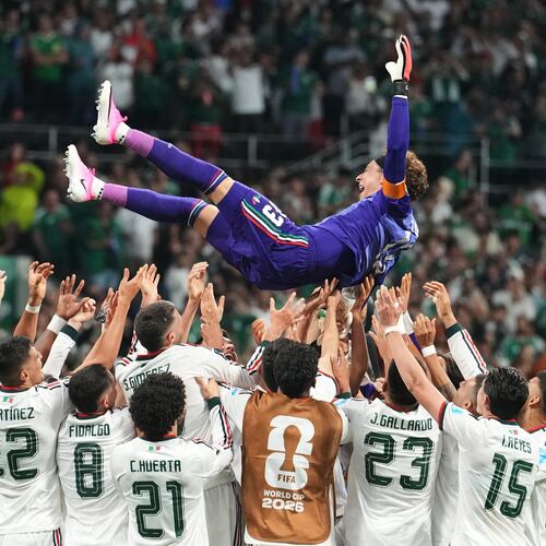 Mexico goalkeeper Guillermo Ochoa, top, celebrates with teammates following the World Cup Group A soccer match between Czechia and Mexico in Mexico City, Wednesday, June 24, 2026. (AP Photo/Fernando Llano)