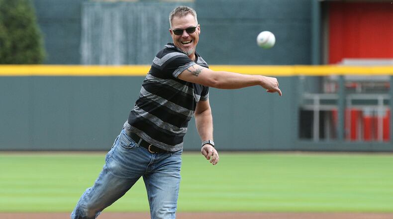 March 29, 2018 Atlanta: Chipper Jones throws out the first pitch as the Braves play the Phillies in a MLB baseball home opening game on Thursday, March 29, 2018, in Atlanta. Curtis Compton/ccompton@ajc.com