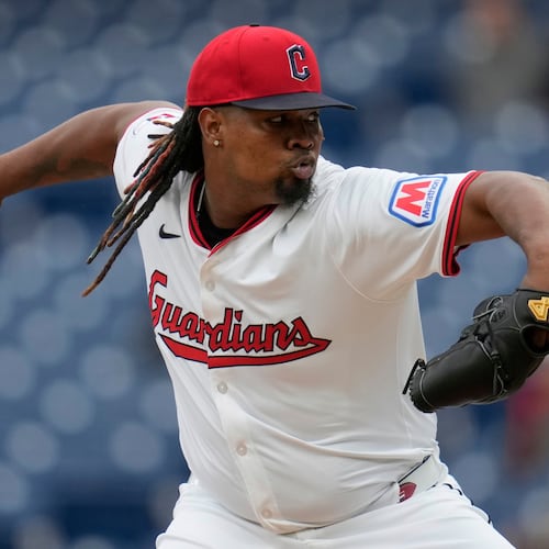 FILE - Cleveland Guardians' Luis Ortiz pitches in the first inning of a baseball game against the Minnesota Twins, in Cleveland, April 30, 2025. (AP Photo/Sue Ogrocki, File)