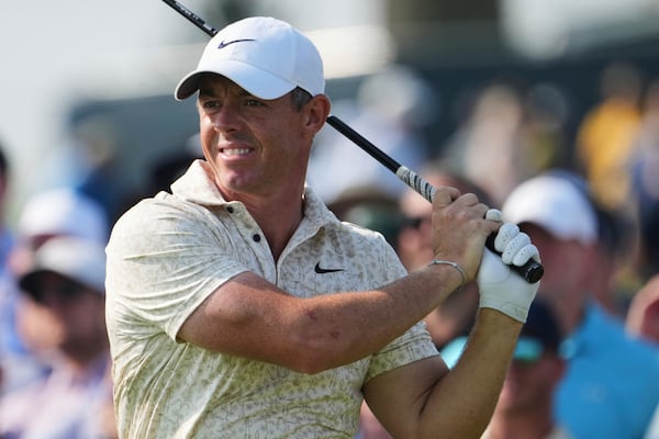 Rory McIlroy, of Northern Ireland, tees off on the 15th hole during the first round of the U.S. Open golf tournament at Oakmont Country Club Thursday, June 12, 2025, in Oakmont, Pa. (AP Photo/Gene J. Puskar)