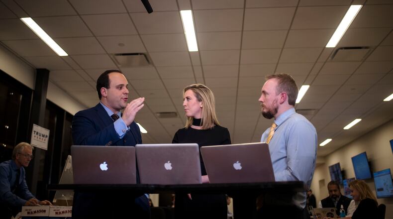 Donald Trump's aide Boris Epshteyn, left, during a live broadcast at the Trump Tower in Manhattan, on Oct. 25, 2016. (Hilary Swift/The New York Times)