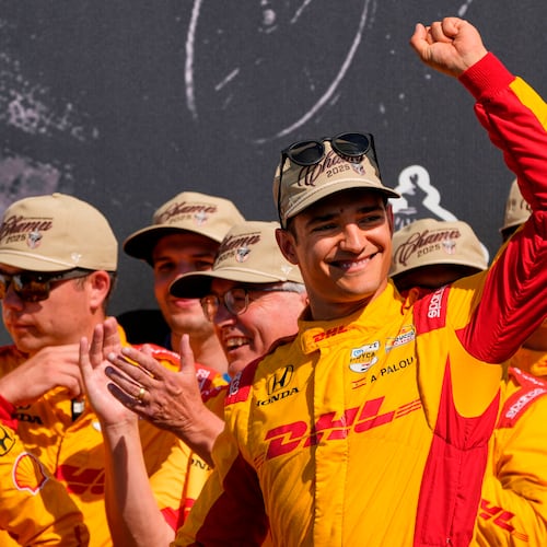 FILE - Alex Palou celebrates after winning the IndyCar championship Sunday, Aug. 31, 2025, at Nashville Superspeedway in Lebanon, Tenn. (AP Photo/George Walker IV, File)