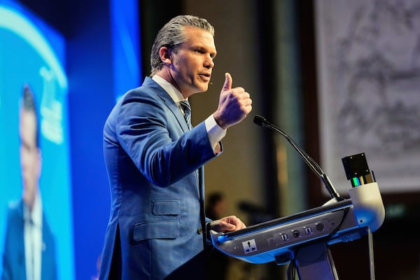 U.S. Defense Secretary Pete Hegseth delivers his speech during 22nd Shangri-La Dialogue summit in Singapore,Saturday, May 31, 2025. (AP Photo/Anupam Nath)