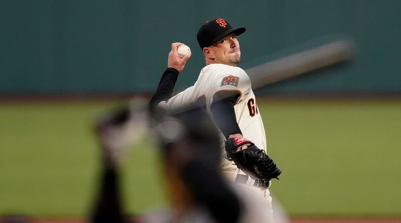 San Francisco Giants' Drew Smyly pitches against Colorado Rockies' Raimel Tapia during the first inning Tuesday, Sept. 22, 2020, in San Francisco. (Jeff Chiu/AP)