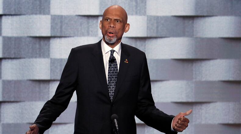 Former NBA star Kareem Abdul-Jabaar speaks during the final day of the Democratic National Convention in Philadelphia , Thursday, July 28, 2016. (AP Photo/J. Scott Applewhite)