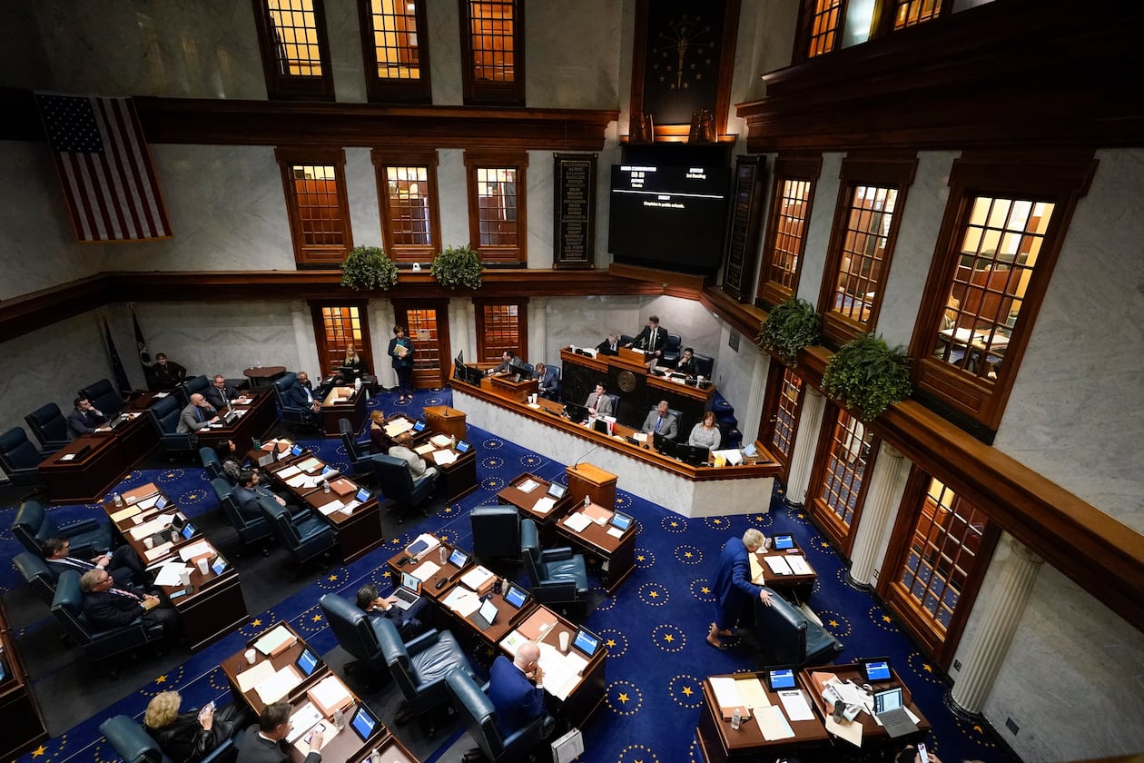 FILE - Senators meet in the senate chamber at the Statehouse, Feb. 1, 2024, in Indianapolis. (AP Photo/Darron Cummings, file)