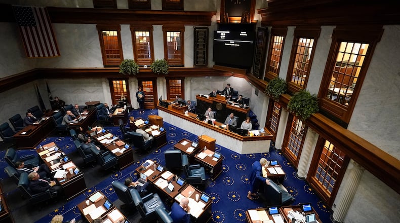 FILE - Senators meet in the senate chamber at the Statehouse, Feb. 1, 2024, in Indianapolis. (AP Photo/Darron Cummings, file)