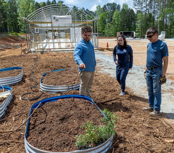 Joe Twiner (from left) instructs his sister Quinn and James Montesi where to plant tomatoes at Peachtree Farm. PHIL SKINNER FOR THE ATLANTA JOURNAL-CONSTITUTION.
