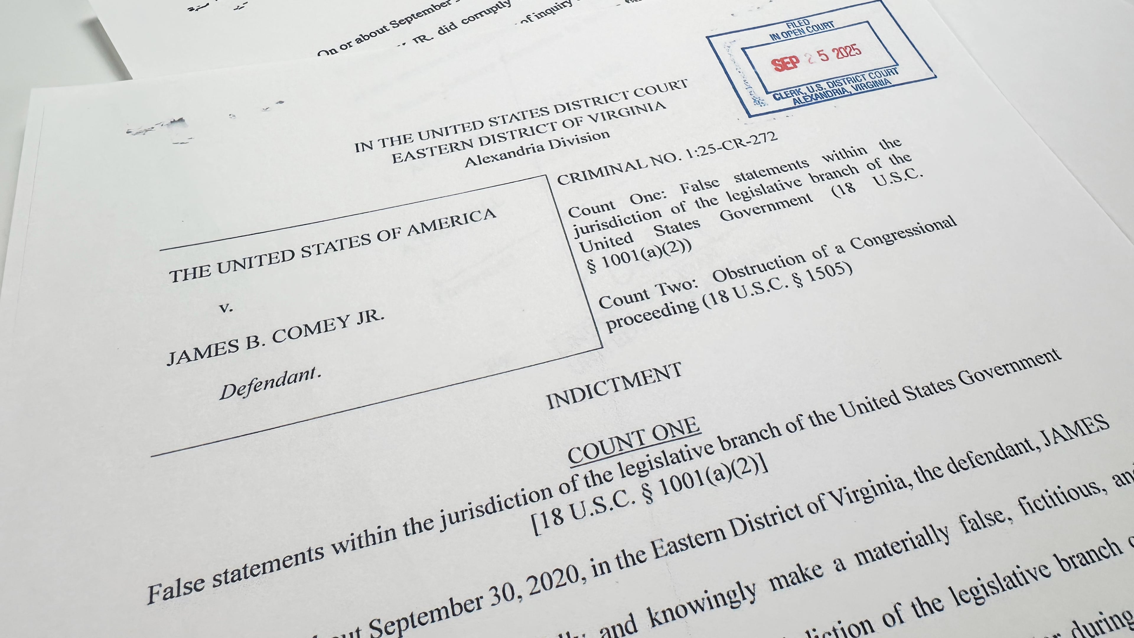 The indictment of former FBI director James Comey is photographed Thursday, Sept. 25, 2025, in Washington. (AP Photo/Jon Elswick)