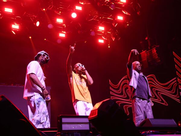 Lil Jon (left), Ludacris (center), and Jermaine Dupris perform togetheri, during Dupri's "The South Got Something to Say" show at the Caesars Superdome in New Orleans. The Essence Festival is celebrating its 29th year, and the 50th anniversary of hip-hop. (TYSON HORNE / TYSON.HORNE@AJC.COM)