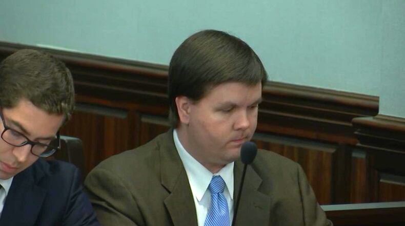 Justin Ross Harris listens to the verdict being read during his murder trial at the Glynn County Courthouse in Brunswick, Ga., on Monday, Nov. 14, 2016. Harris was found guilty of all eight charges. (screen capture via WSB-TV)