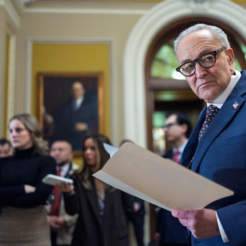 Senate Minority Leader Chuck Schumer, D-N.Y., waits to speak to reporters following a closed-door meeting with fellow Democrats on spending legislation that funds the Department of Homeland Security and a swath of other government agencies at the Capitol in Washington, Wednesday, Jan. 28, 2026. (AP Photo/J. Scott Applewhite)