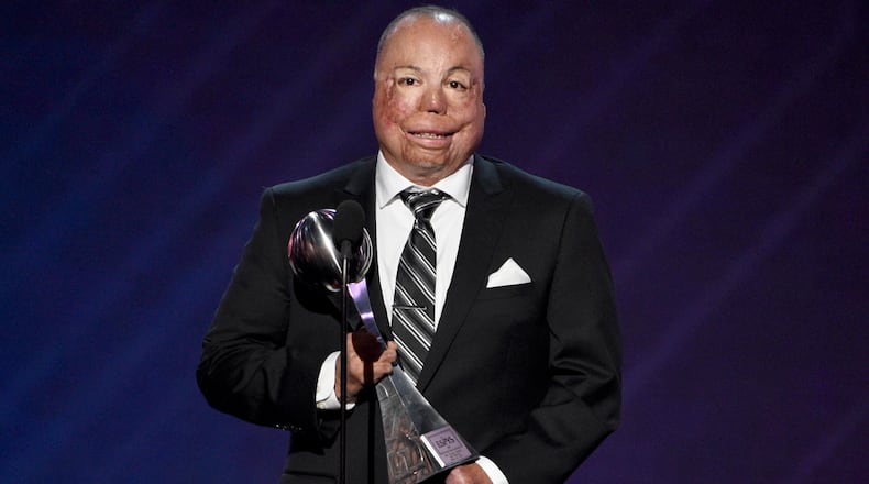 Air Force Master Sgt. Israel Del Toro Jr. accepts the Pat Tillman award for service at the ESPYS at the Microsoft Theater on Wednesday, July 12, 2017, in Los Angeles. (Photo by Chris Pizzello/Invision/AP)
