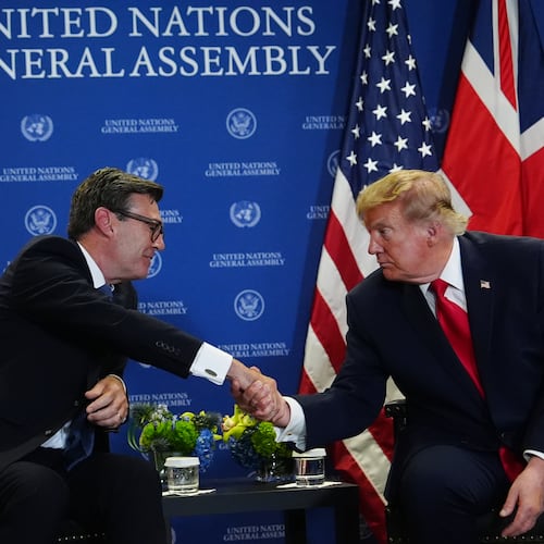 President Donald Trump shakes hands with Britain's Prime Minister Andy Burnham during the United Nations General Assembly, Tuesday, Sept. 22, 2026, at the UN headquarters. (AP Photo/Julia Demaree Nikhinson)