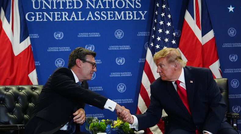 President Donald Trump shakes hands with Britain's Prime Minister Andy Burnham during the United Nations General Assembly, Tuesday, Sept. 22, 2026, at the UN headquarters. (AP Photo/Julia Demaree Nikhinson)