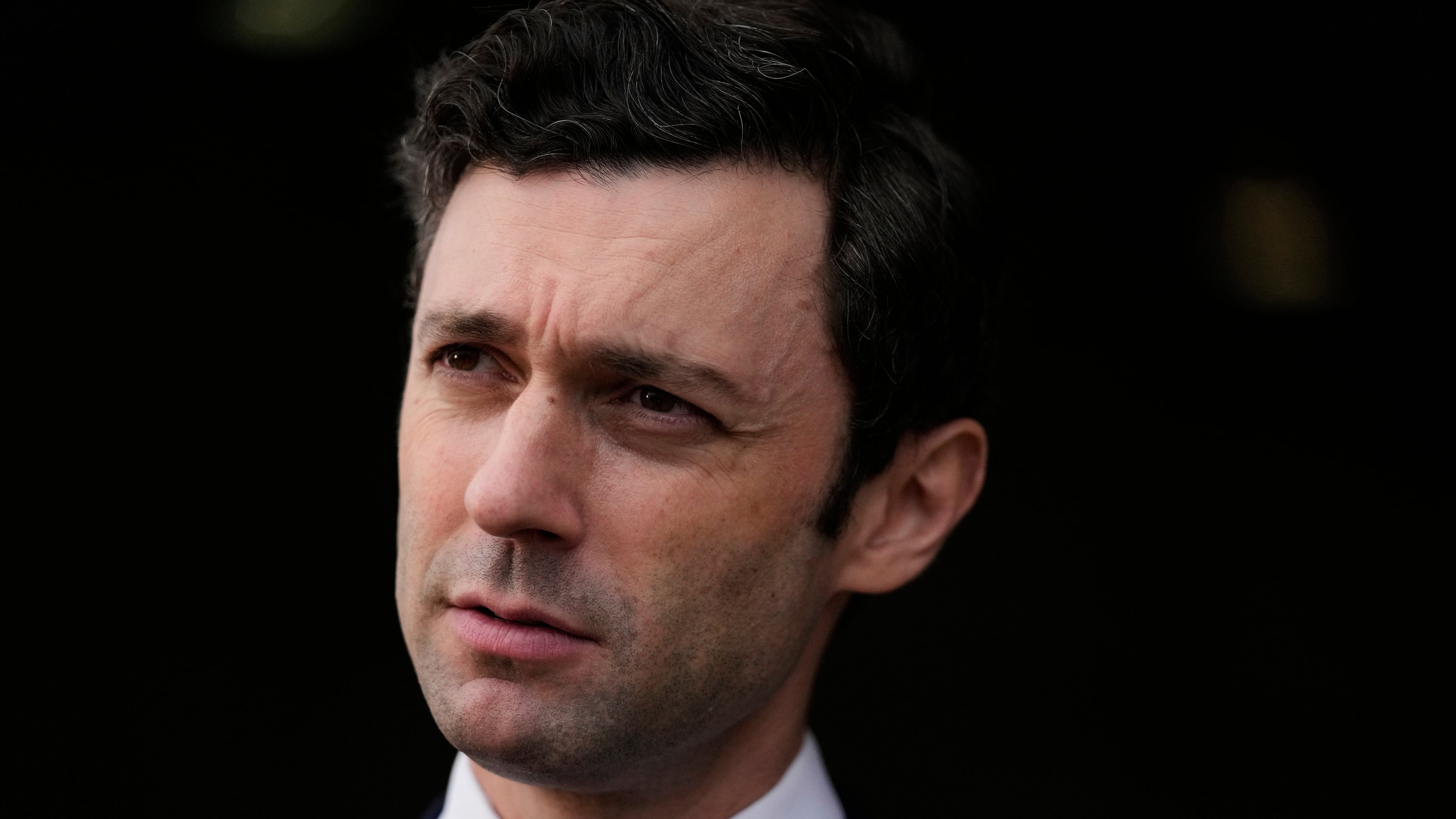 FILE - Sen. Jon Ossoff, D-Ga., speaks during an interview at Dobbins Air Reserve Base, Saturday, April 26, 2025, in Marietta, Ga. (AP Photo/Brynn Anderson, File)