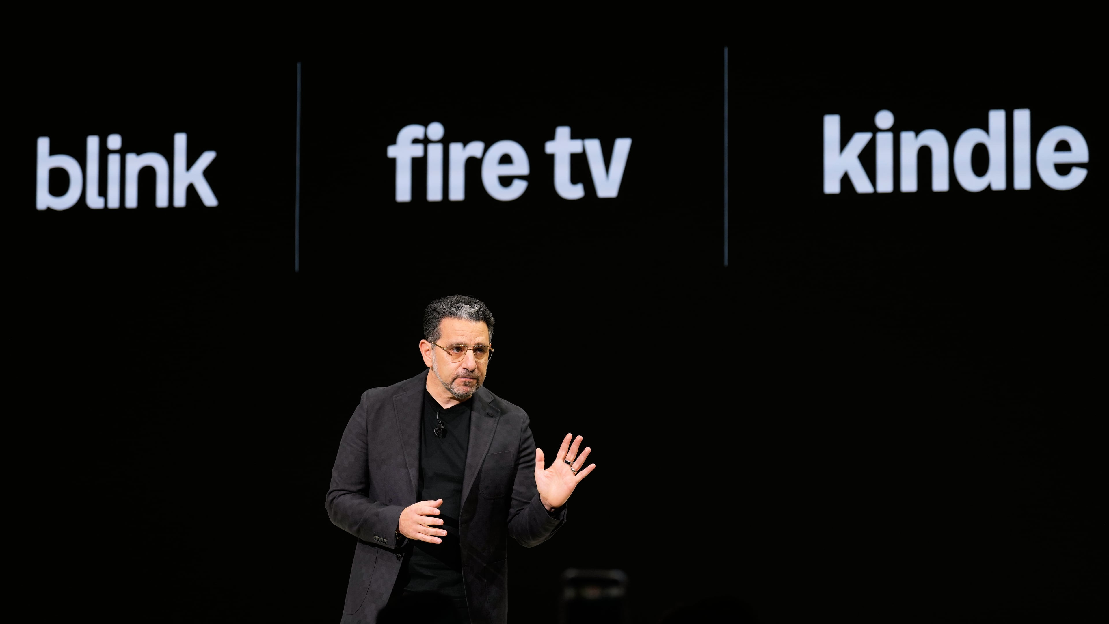 Panos Panay, senior vice president of devices and services at Amazon, speaks during an Amazon event in New York, Tuesday, Sept. 30, 2025. (AP Photo/Seth Wenig)