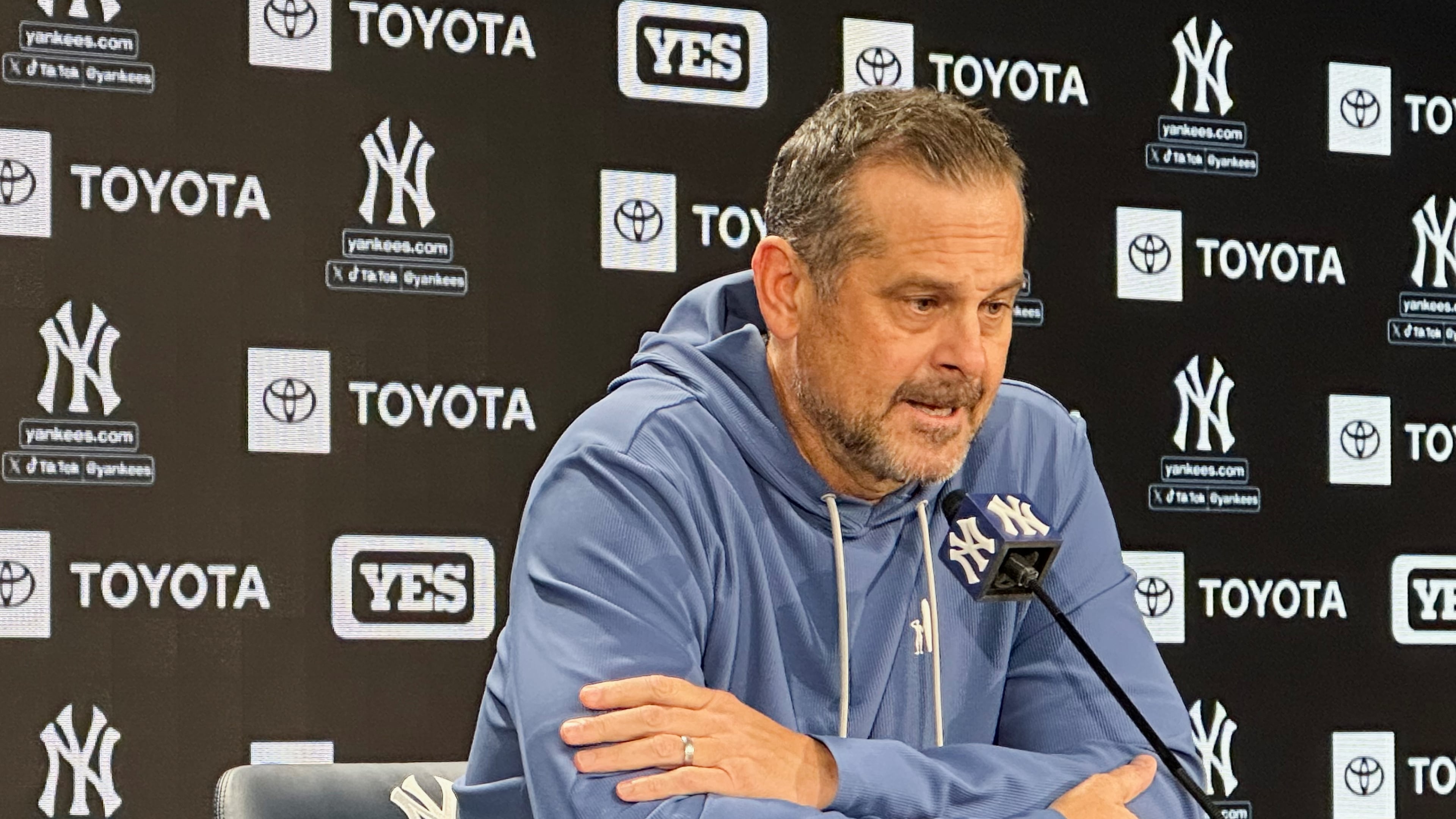 New York Yankees manager Aaron Boone speaks during a baseball news conference, Thursday, Oct. 16, 2025, in New York. (AP Photo/Ronald Blum)
