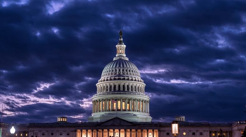 FILE - The Capitol is seen at nightfall in Washington on Oct. 22, 2025. (AP Photo/J. Scott Applewhite, File)
