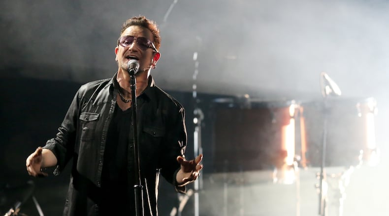 Bono, singer of the Irish band U2, performs during the awarding event for the Bambi 2014 media award in Berlin, Germany, Thursday, Nov. 13, 2014. (AP Photo/DPA Wolfgang Kumm) Bono performed in Berlin on Nov. 13. Photo: AP