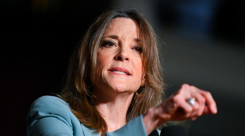 Democratic presidential candidate and author Marianne Williamson delivers the sermon before signing books at Hillside International Truth Center in Atlanta on Sunday, September 1,2019. Williamson is among a crowded field of Democratic candidates vying for the nation's top job.